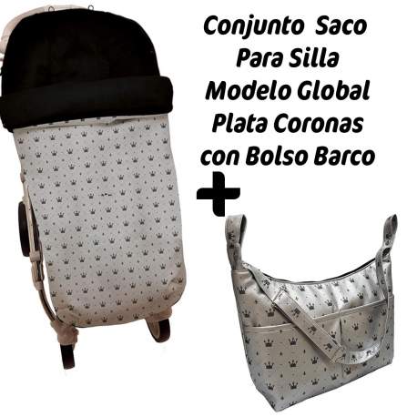 Saco polipiel plata estampada coronas.  Funda e interior punto negro