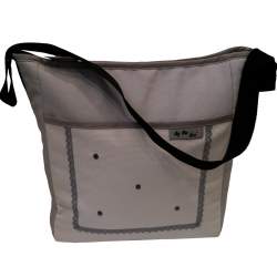 Bolso piqué crudo y gris con bordado de bodoques y puntilla