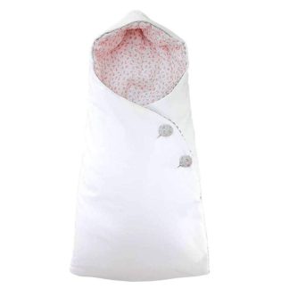 Saco capazo capucha. Piqué blanco, interior en plumeti hojas maquillaje