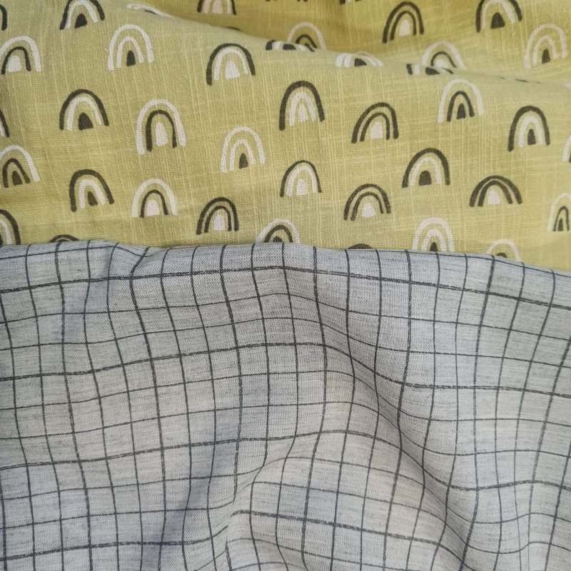 Saco tejido estampado cuadros con canesù muselina estampado pistacho.