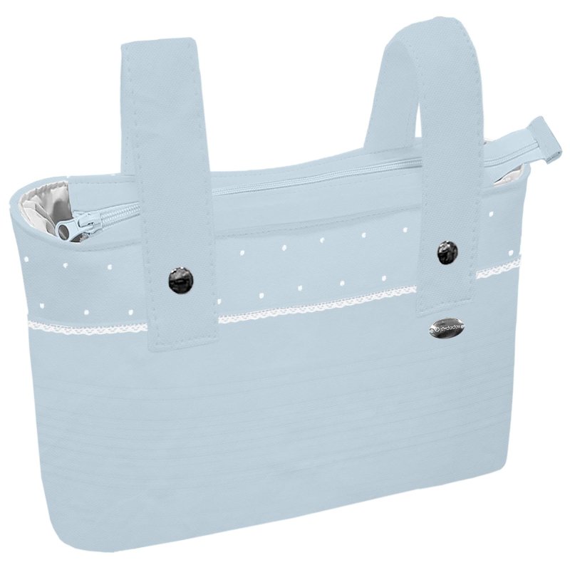 Bolsos Piqué Celeste con Jaretas Bordado de Topitos y Puntilla