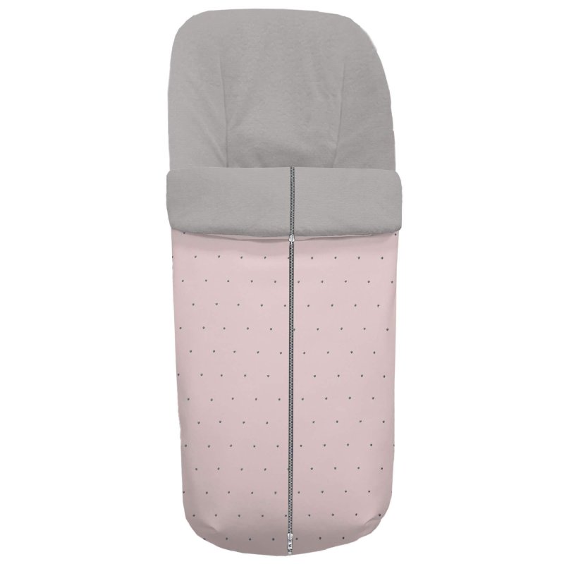 Saco polipiel rosa con bordado de topitos en gris.