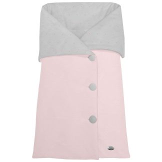 Sacos Cruzados piqué rosa, interior en piqué gris con bordado topitos y puntilla