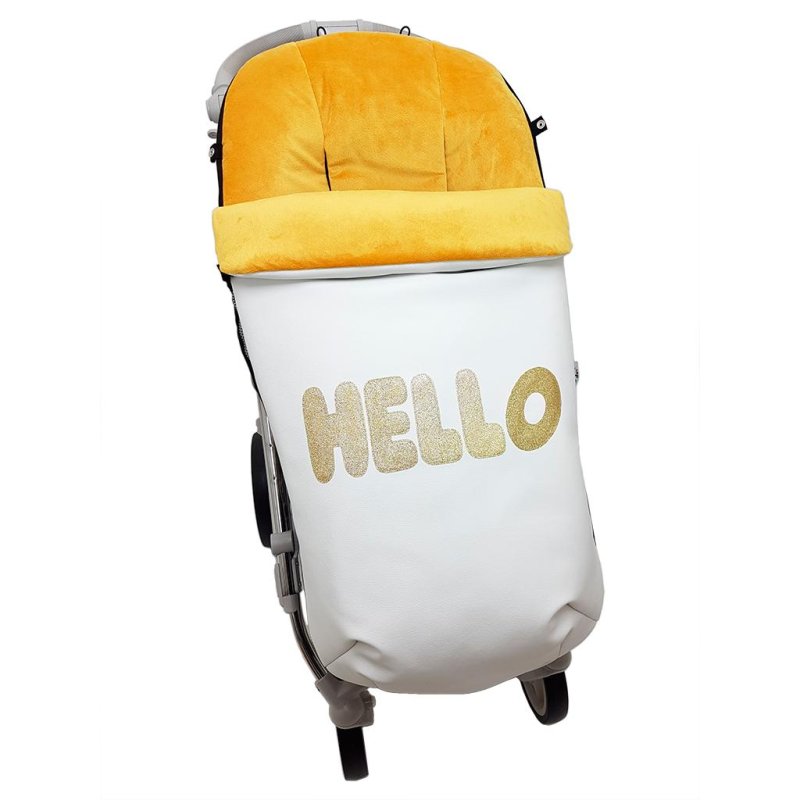 Saco polipiel con aplicación Hello oro funda pelo o punto