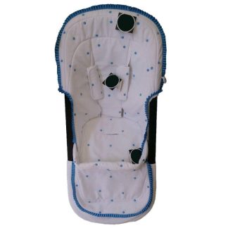 Funda silla Camaleon3 con protector de barra y arneses en piqué blanco con bodoques en petróleo